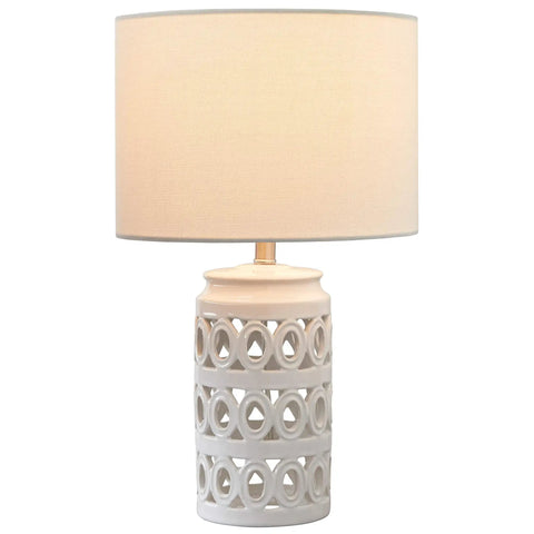 Geometric Cut Out Ceramic Table Lamp With LED Bulb, 18 Inch Tall, White Finish, Brushed Nickel Frame, Round White Fabric Shade, Modern Vibe
