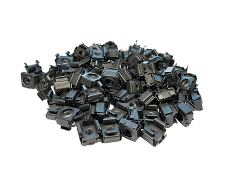 Handyman Favorite 10-32 Black Cage Nuts 100 Pack Bulk Box for Square Hole Server Racks, heavy duty steel fasteners.