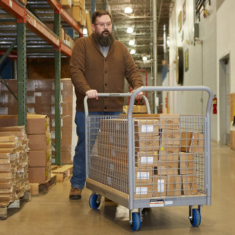 Steel Frame Platform Cart With Removable Mesh Panels And Plywood Deck Built As A True Shop Beast For Rolling Totes Boxes And Bins Features Five Inch Nonmarking Wheels That Handle Two Thousand Pounds Of Gear With No Sweat