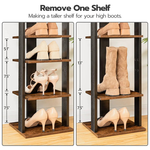 8-Tier Vertical Wooden Shoe Rack With Hooks Space Saving Narrow Shoe Tower showing adjustable shelf for boots in rustic brown finish.