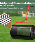 24 Inch Compost And Peat Moss Spreader For Lawn With Adjustable T Shaped Handle Upgraded Side Clasps Durable Lightweight Metal Roller Delivers Uniform Spreading Diamond Mesh Design Black Finish featuring thick diamond-shaped metal mesh.