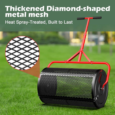 24 Inch Compost And Peat Moss Spreader For Lawn With Adjustable T Shaped Handle Upgraded Side Clasps Durable Lightweight Metal Roller Delivers Uniform Spreading Diamond Mesh Design Black Finish featuring thick diamond-shaped metal mesh.