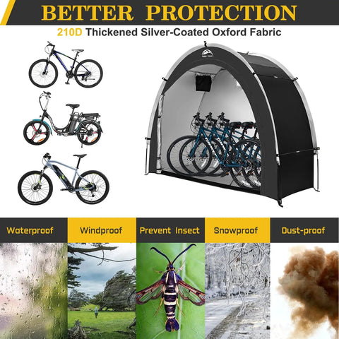 Outdoor Bike Storage Shed Tent for 2 To 8 Bikes, shown with bicycles, featuring 210D Oxford Fabric for waterproof and UV protection.