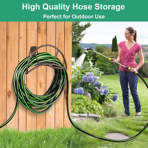 Heavy Duty Garden Hose Holder Wall Mount For Outdoor Yard And Garage Holds 150 Feet Of Hoses Durable Bronze Metal Weather Resistant Hose Reel Hanger And Storage Solution mounted on wooden wall with green hose