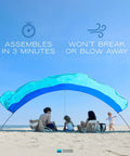 World's Best Beach Shade Wind Powered Shelter for the beach, lightweight 4 lb, easy setup, accommodating a beach group under blue sky.