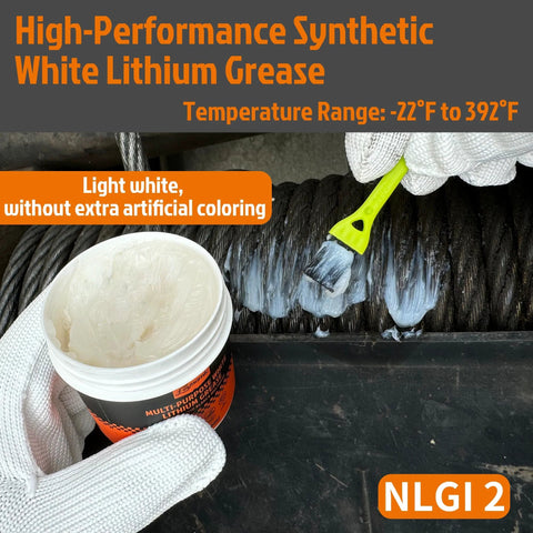 Multi-purpose white lithium grease tub with brush applying grease to metal wire rope; NLGI 2