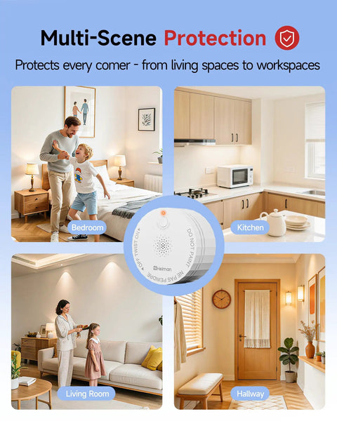 Smart Wireless Interconnected Smoke Detectors 6 Pack With Central Gateway Hub UL 217 Certified in various home scenes.
