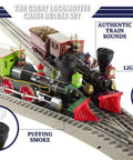Great Locomotive Chase Deluxe LionChief Bluetooth 5.0 Set with steam locomotives on tracks, showcasing lights and smoke.