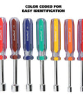 Seven Piece SAE Nut Driver Set With Chrome Vanadium Steel Blades And Acetate Color Coded Handles Ideal For Automotive DIY And Mechanical Projects Rust Resistant ANSI Rated Tools image showing seven color-coded nut drivers