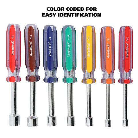 Seven Piece SAE Nut Driver Set With Chrome Vanadium Steel Blades And Acetate Color Coded Handles Ideal For Automotive DIY And Mechanical Projects Rust Resistant ANSI Rated Tools image showing seven color-coded nut drivers