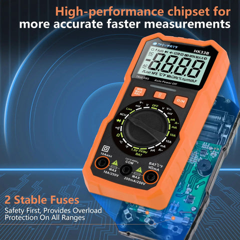 All In One Digital Multimeter 2000 Count Display with orange casing showing high-performance chipset and measurement settings.