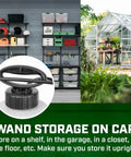 One Gallon Workhorse All Purpose Lawn And Garden Poly Tank Sprayer with wand storage feature shown, garage and greenhouse backdrop