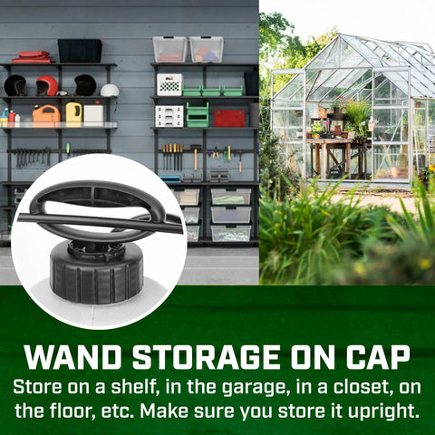One Gallon Workhorse All Purpose Lawn And Garden Poly Tank Sprayer with wand storage feature shown, garage and greenhouse backdrop