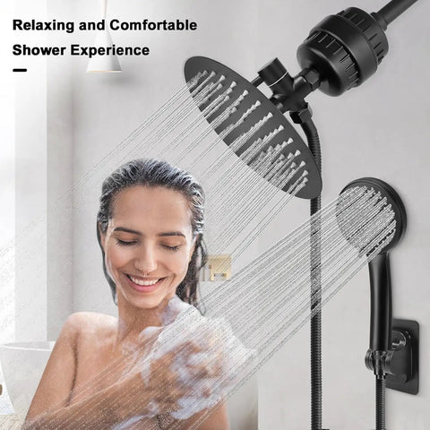 High Pressure 8 Inch Round Rain Shower With 5 Settings Handheld Filter Combo in matte black with water spray