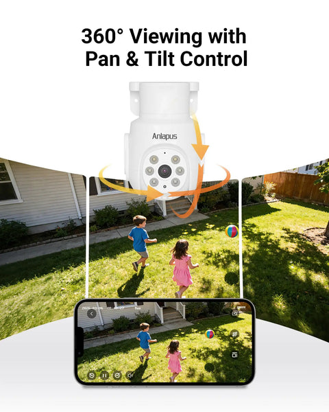 Kick Up Your Yard Watch With This Rock Solid 1080P Pan Tilt Wired Security Camera showing 360° viewing with kids playing outside.
