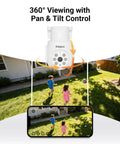 Hardcore 4K Pan Tilt Wired Security Camera Add On capturing kids playing outdoors with 360° viewing and smartphone control.