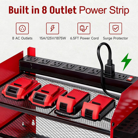 Wall Mounted Power Tool Organizer With Charging Station Heavy Duty 3 Layer Tool Storage Rack With 4 Cordless Drill Holders And Battery Dock Featuring An 8 Outlet Power Strip