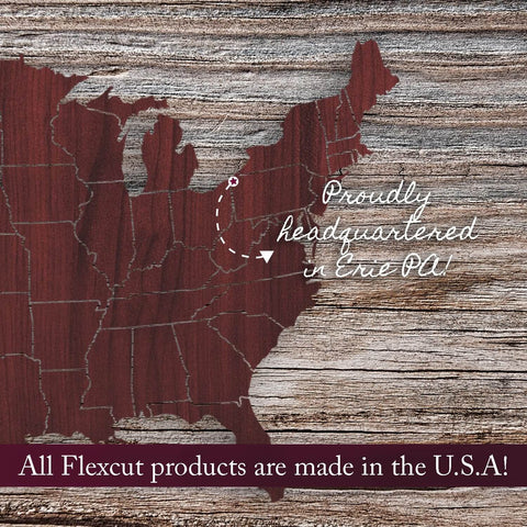 Map showing Flexcut headquarters in Erie, PA, highlighting 'Proudly headquartered in Erie, PA! All Flexcut products are made in the USA.'