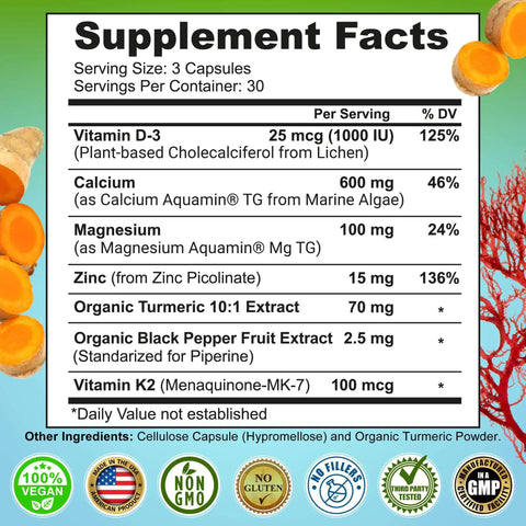 Supplement facts label for Plant Based Calcium 600mg Vegan Calcium Magnesium Zinc D3 With Vitamin K2 Organic Turmeric For Strong Bones
