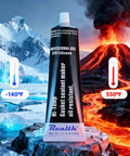 Gasket Maker Silicone Sealant for High Temperature RTV Black 3.53 Oz in icy and volcanic backdrop showing temperature range.