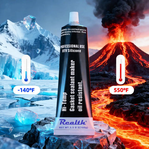 Gasket Maker Silicone Sealant for High Temperature RTV Black 3.53 Oz in icy and volcanic backdrop showing temperature range.