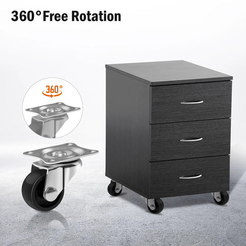 Cofufu 1-inch black plastic caster wheels, 4-pack installed on a dark filing cabinet; front view with 360° rotation close-up.