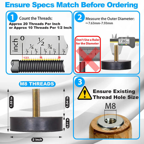 Diagram showing specs of Eight Pack M8 Rubber Leveling Feet Heavy Duty With 2 Inch Base Dia for correct sizing and fit.