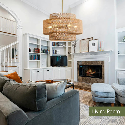Large Handwoven Rattan Chandelier For Dining Room Boho Chic Pendant Light With Gold Plated Cylinder Rod casting dreamy shadows in living room.