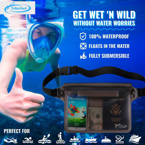 Diver underwater with Killer Waterproof Fanny Pack Phone Pouch Dry Bag For Passport Wallet Purse, showing waterproof certification.