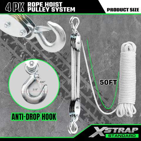 Beefy Heavy Duty 2000 Lb Rope Hoist With 50 Ft Soft Loop Poly Rope, 1000 Lb Load Capacity, Block And Tackle Pulley System