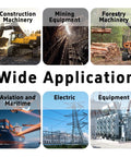 Wide application image depicting construction, mining, forestry, aviation, and electric equipment.