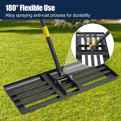 Heavy Duty Yard Work Ready Lawn Leveling Rake 30x10 Inch Head With 72 Inch Extendable Stainless Steel Handle And Ergonomic Grip For Golf Courses Soccer Fields And Backyard Turf Maintenance Pro Grade Leveler on grass, showing its alloy spraying anti-rust process.