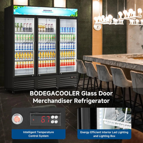 Real Deal 53 Cu Ft Three Door Commercial Display Refrigerator For Bodegas Beverage Merchandiser Cooler showcasing glass doors and beverages.