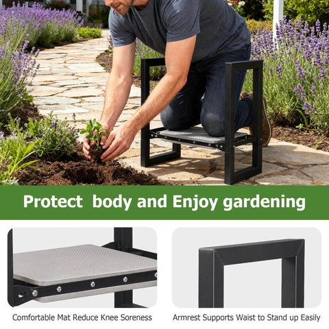Heavy Duty Foldable Garden Kneeler and Seat with Handle, 12-Inch Wide Cushioned Kneeling Pad, shown in outdoor use