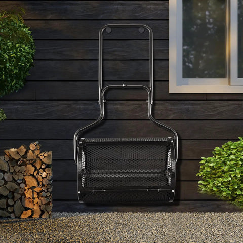 24 Inch Lawn Compost Spreader and Lawn Roller with metal mesh, black frame, ergonomic handle, and double side latches for topdressing.