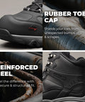 Close-up of Waterproof Steel Toe Work Boots For Men Paladin-Steel, Slip Resistant Safety Boots, showing rubber toe cap and reinforced heel.