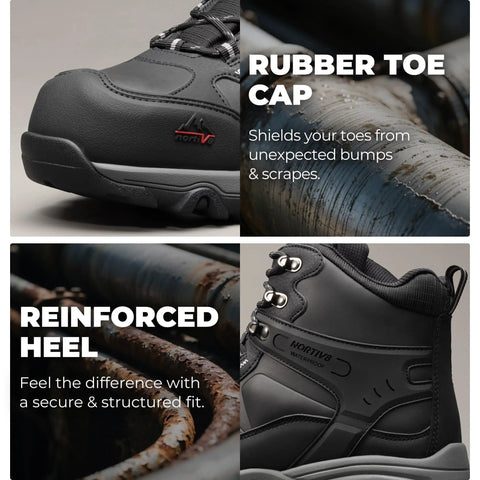 Close-up of Waterproof Steel Toe Work Boots For Men Paladin-Steel, Slip Resistant Safety Boots, showing rubber toe cap and reinforced heel.
