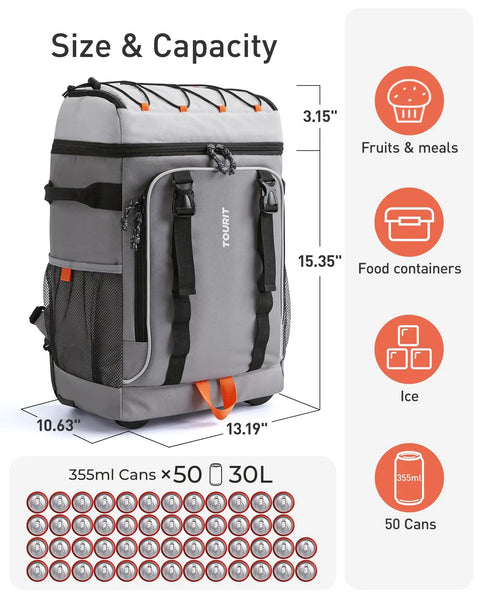 Rolling Cooler Backpack For 50 Cans With Dual Deck And Dual Bar Handles Soft Travel Cooler Bag With Wheels 30L Beach Cooler