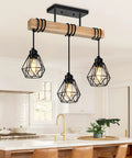 Rustic Farmhouse Pendant Light Fixtures Featuring Real Solid Wood And Sleek Black Metal Shades hanging over a kitchen island.
