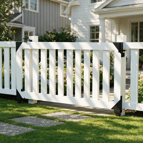 Beefy Sliding Gate Hardware Kit For Wooden Gates With Anti Sag Brackets And Adjustable Roller Guide Heavy Duty Outdoor Gate Set With Latch Pull Handle Magnetic Drill Bit Fits 1 To 2 Inch Thick Gates on white wooden garden gate