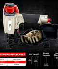 Heavy Duty Pneumatic Roofing Nailer For Shingles showing coil nails and magazine capacity for 3/4 to 1-3/4 inch nails.