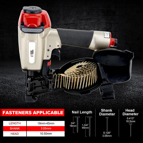 Heavy Duty Pneumatic Roofing Nailer For Shingles showing coil nails and magazine capacity for 3/4 to 1-3/4 inch nails.