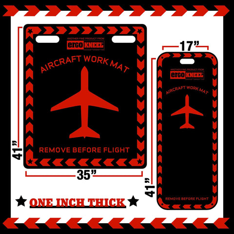 Pro Grade Aircraft Mechanic Kneeling Mat Set 2pc, 1 Inch Thick Closed Cell Nitrile Foam, Skydrol Resistant, Non Slip Aviation Maintenance Mats for Techs, 41x17 and 41x35 Inches, Durable Comfort, displayed with measurements and airplane design.