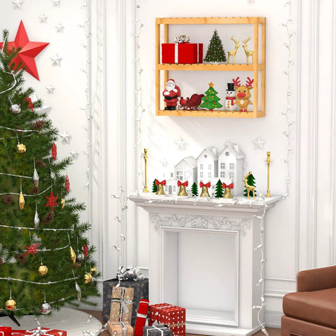 Bamboo 3 Tier Wall Mount Over Toilet Shelf Rack Adjustable Space Saving Storage in living room with holiday decorations.