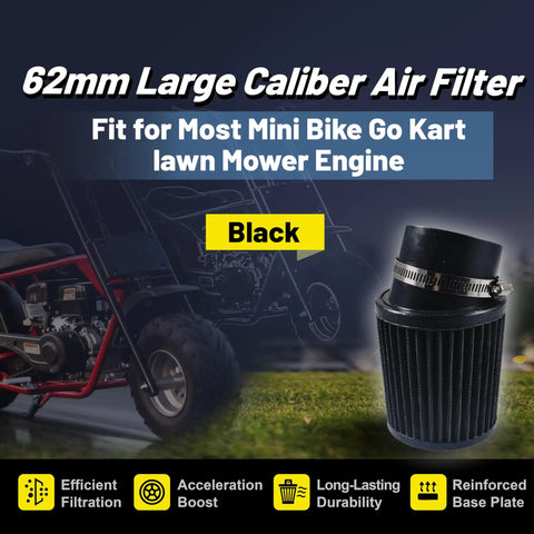 62mm Inlet Air Filter For Predator 212cc 196cc 6.5HP Engines And Honda GX160 GX200 Black displayed next to a mini bike
