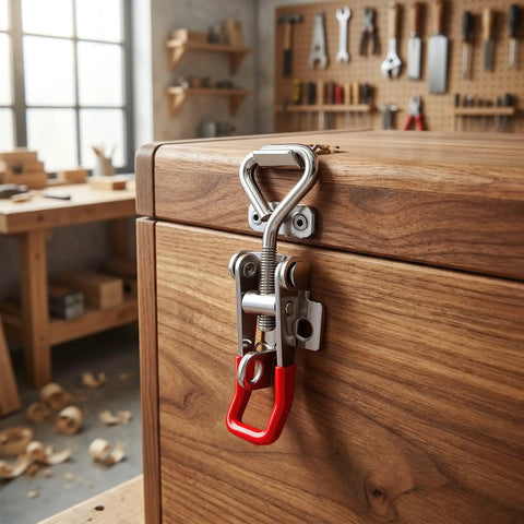 Dope YSIL Toggle Latch Clamps 4 Pack With Lockholes installed on a wooden toolbox for secure locking in a workshop.