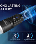 Close-up of rechargeable LED flashlight with zoomable beam and LCD battery display, showcases long-lasting battery life