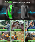 AM FM Radio Ear Protection Headphones With Backlit Color Display And 120 Hour Battery Life Rechargeable Hearing Protector Earmuffs With 30dB Noise Reduction For Mowing Construction Work Green, shown in various work scenarios.