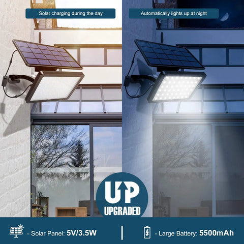1000 Lumen 48 LED Solar Dusk To Dawn Outdoor Light With Remote Control Kit mounted on wall during day and night