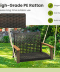 One Person Outdoor Porch Swing With Metal Frame And Soft Cushioned Seat Wicker Style Chair Ropes And Hooks Included PE Rattan Swing For Lawn Garden Backyard Or Balcony Off White Color For Cozy Relaxing Evenings, showing wicker texture.